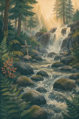Hidden Evergreen Forest Waterfall Cross