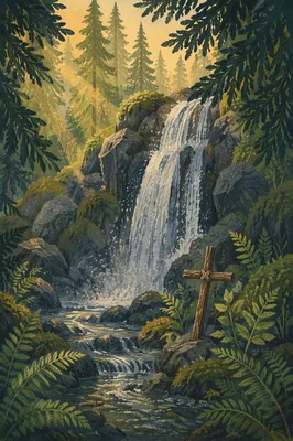 Evergreen Forest Waterfall with Wooden Cross
