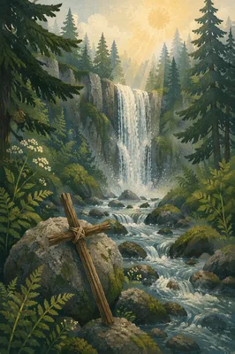 Evergreen Waterfall Cross in Morning Mist