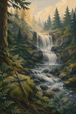 Evergreen Forest Waterfall with Wooden Cross