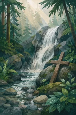 Evergreen Waterfall with Quiet Wooden Cross