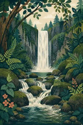 Secluded Waterfall in Evergreen Forest