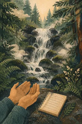 Prayer Beside Evergreen Forest Waterfall