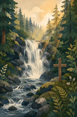 Evergreen Waterfall with Quiet Wooden Cross