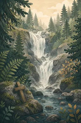 Hidden Evergreen Waterfall with Wooden Cross