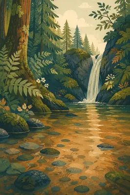 Evergreen Forest Waterfall in Peaceful Ravine