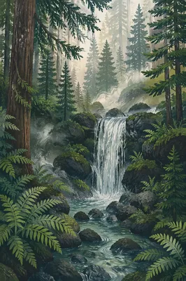 Misty Evergreen Forest Waterfall