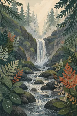 Serene Waterfall in Evergreen Forest
