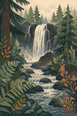 Evergreen Forest Waterfall with Morning Mist