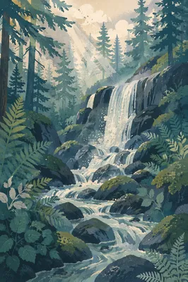 Evergreen Forest Waterfall in Morning Mist
