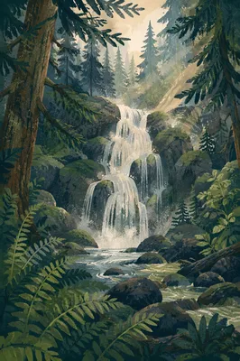 Peaceful Waterfall in Evergreen Forest