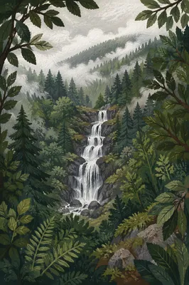 Misty Waterfall in Evergreen Forest