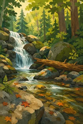 Peaceful Waterfall in Lush Evergreen Forest