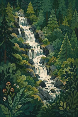 Secluded Waterfall in Evergreen Forest