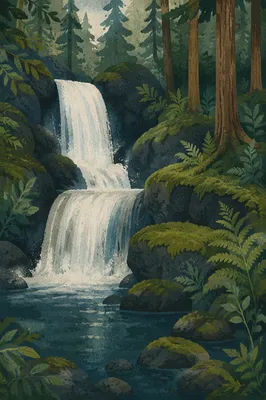 Peaceful Waterfall in Evergreen Forest