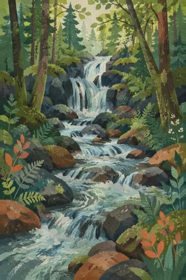 Evergreen Forest Waterfall with Mossy Rocks