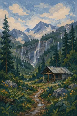 Evergreen Forest Waterfall Mountain Valley Scene