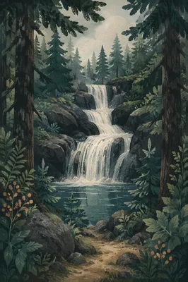 Secluded Waterfall in Evergreen Forest