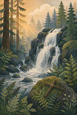 Evergreen Waterfall with Humble Wooden Cross