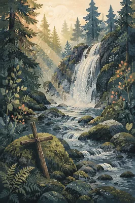 Evergreen Waterfall With Humble Wooden Cross