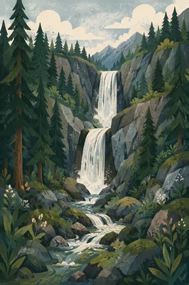 Evergreen Forest Waterfall in Mountain Ravine