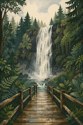 Evergreen Forest Waterfall with Wooden Footbridge