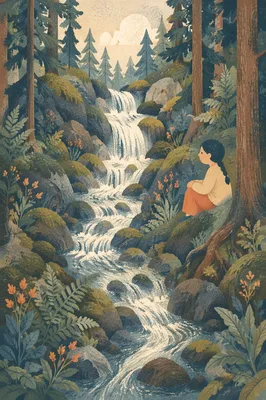 Evergreen Forest Waterfall with Mossy Rocks