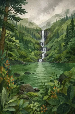 Evergreen Forest Waterfall in Misty Valley