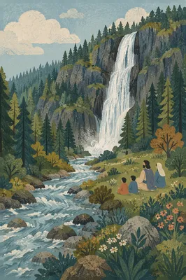Evergreen Forest Waterfall and Glacial River