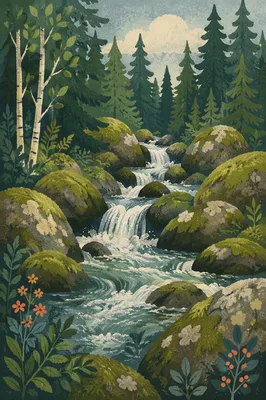 Evergreen Forest Waterfall with Mossy Boulders
