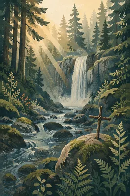 Evergreen Waterfall with Quiet Wooden Cross