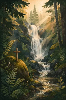 Evergreen Waterfall Cross in Morning Light