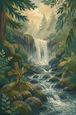 Evergreen Forest Waterfall with Wooden Cross