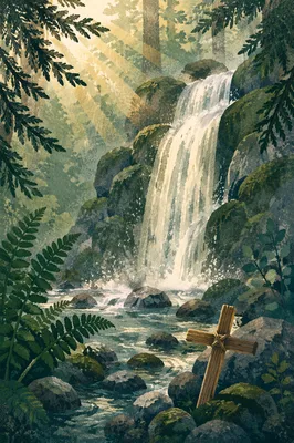 Hidden Forest Waterfall with Wooden Cross