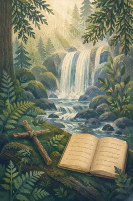 Evergreen Forest Waterfall with Prayer Cross