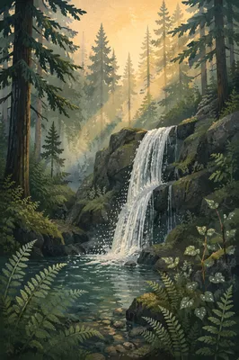 Evergreen Forest Waterfall in Morning Mist