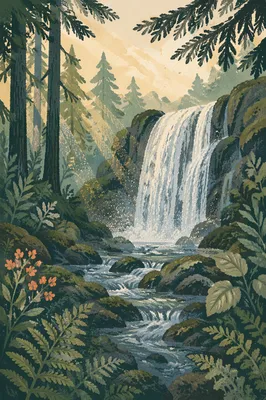 Evergreen Forest Waterfall in Morning Light