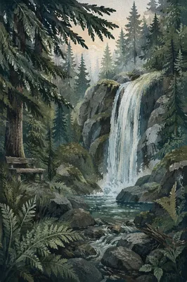 Secluded Evergreen Waterfall in Morning Mist