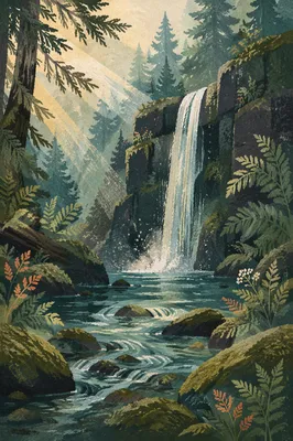 Evergreen Forest Waterfall in Morning Mist