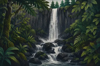 Evergreen Forest Waterfall in Tranquil Mist