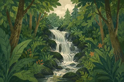 Hidden Waterfall in Evergreen Forest