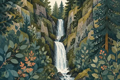 Secluded Waterfall in Evergreen Forest Gorge