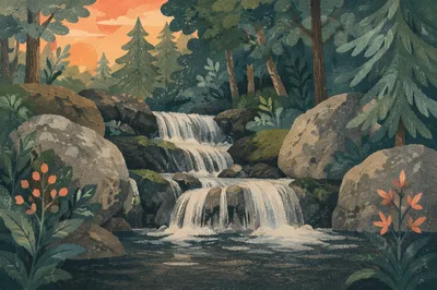 Serene Evergreen Forest Waterfall at Sunset