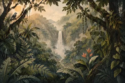 Secluded Waterfall in Evergreen Rainforest Mist