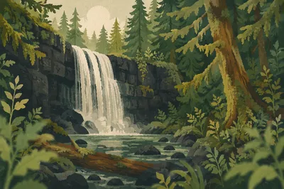Secluded Evergreen Waterfall in Lush Forest