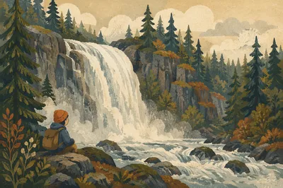 Evergreen Forest Waterfall Through Rocky Gorge