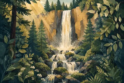 Evergreen Forest Waterfall in Morning Light