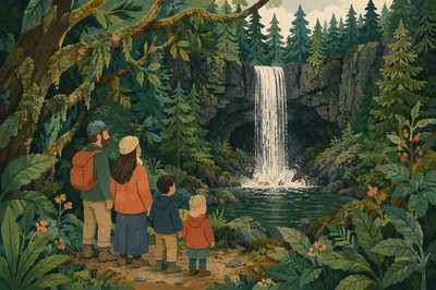 Evergreen Forest Waterfall in Reverent Light