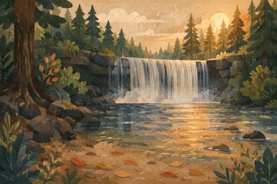 Evergreen Forest Waterfall with Golden Light
