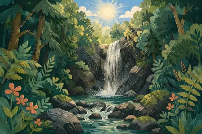 Evergreen Forest Waterfall in Golden Sunlight